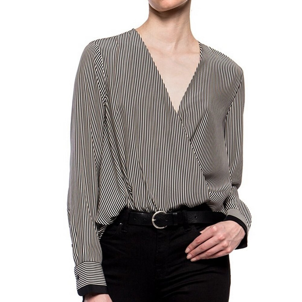 NWT Rag & Bone Victor Stripe V-neck Silk Blouse, Black & White, XS